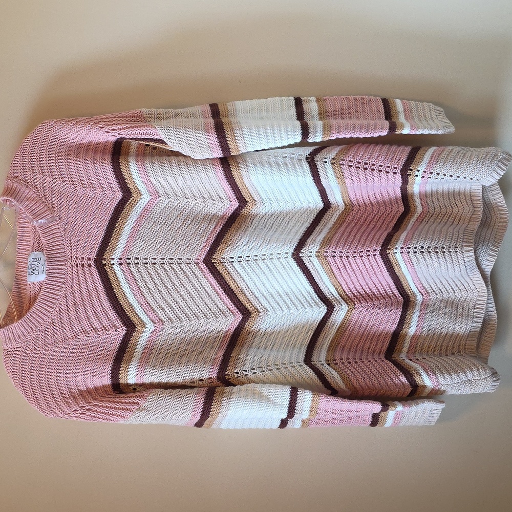 FCT With Love Sweater Pink Cream Multi Striped Pointelle Ladies 1X NWT